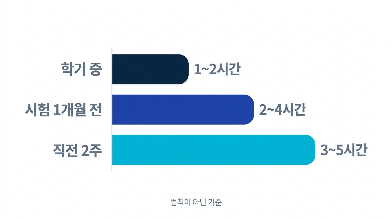 학기 중 하루 1~2시간, 시험 1개월 전 2~4시간, 직전 2주 3~5시간이라는 상황별 공부 시간 기준