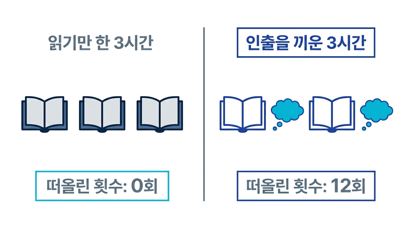 같은 3시간이라도 읽기만 하면 떠올린 횟수 0회, 인출을 끼워 넣으면 12회가 되는 인출 밀도 비교 도식