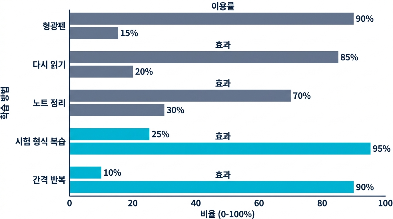자주 쓰는 학습법별 이용률과 과학적 효과 평가 비교 차트