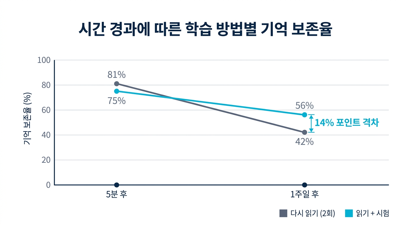 액티브 리콜 효과: 다시 읽기와 시험 형식의 기억 보존율 비교 그래프