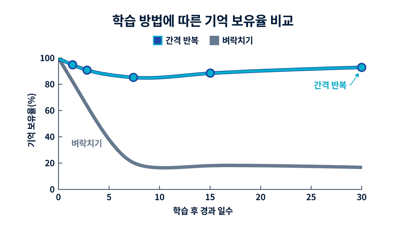 벼락치기 vs 간격 반복의 기억 보유율 비교 - 30일간 기억 보유율 추이 곡선 그래프