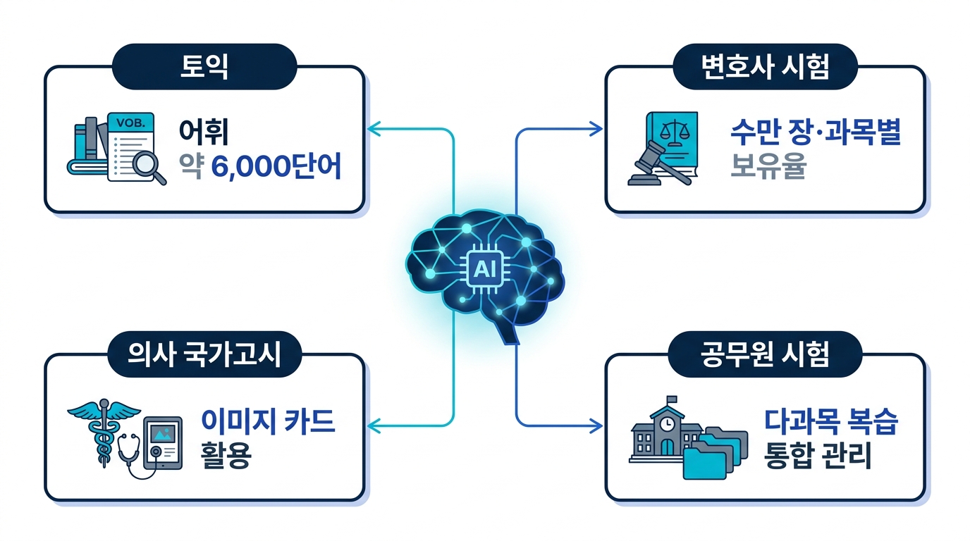 자격시험 과목별 AI 암기 전략 매핑 - 토익, 변호사 시험, 의사 국가고시, 공무원 시험별 권장 카드 수와 학습 방법 도식