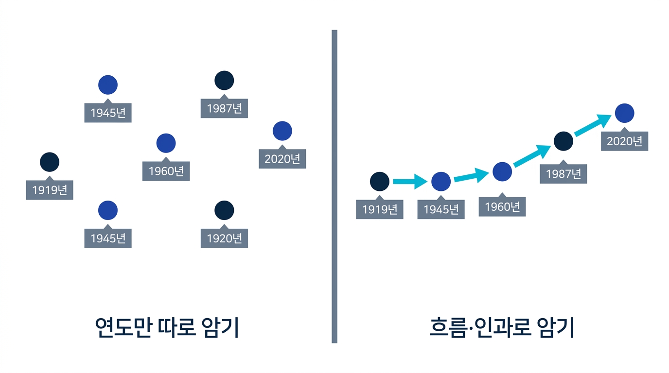 역사 암기 방식 비교 - 연도만 따로 암기하면 사건이 흩어지지만, 흐름과 인과로 암기하면 사건이 하나의 선으로 연결된다