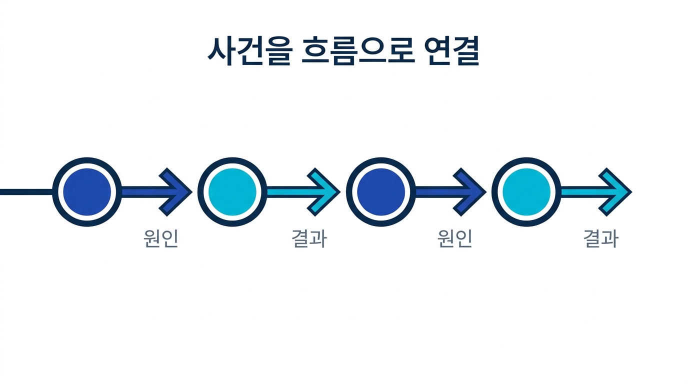 사건을 흐름으로 연결하는 개념도 - 원인과 결과가 화살표로 이어진 타임라인
