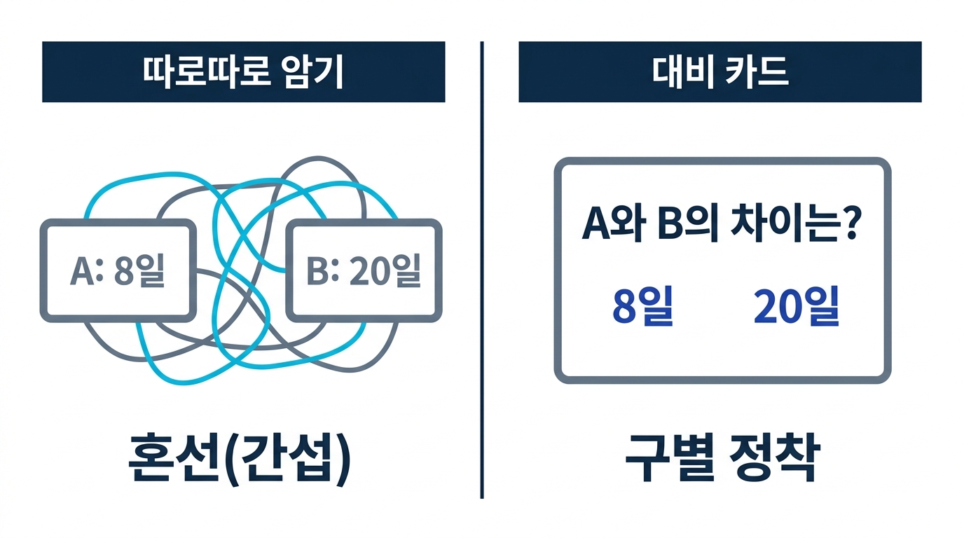 비슷한 규정을 따로 외우면 혼선되지만 차이를 묻는 대비 카드로 만들면 구별이 정착함을 보여 주는 도식
