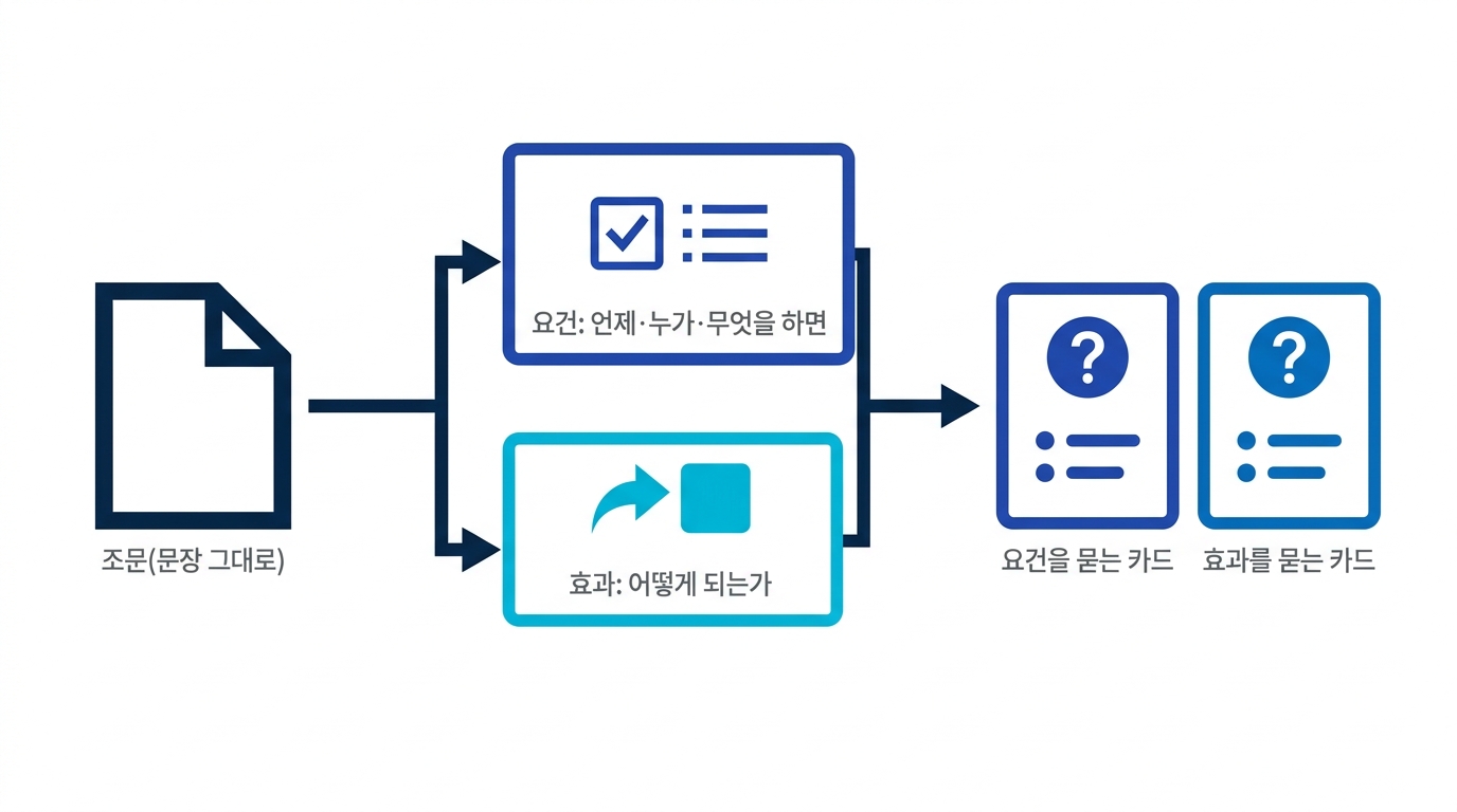 조문을 요건과 효과의 짝으로 분해해 질문과 답 카드로 만드는 흐름의 도식