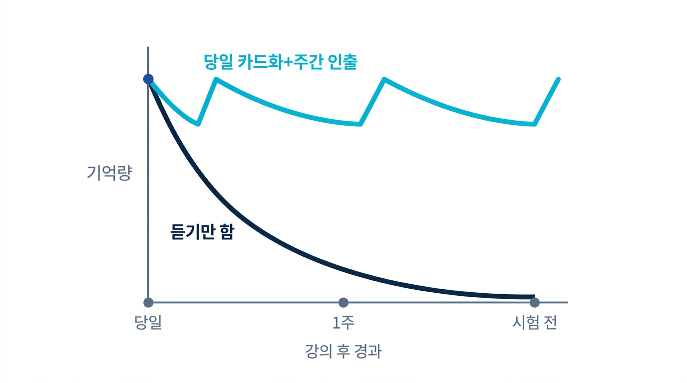 강의 후의 망각곡선. 복습이 없으면 며칠 만에 대부분을 잊지만, 주 단위 인출 연습을 하면 시험까지 유지된다