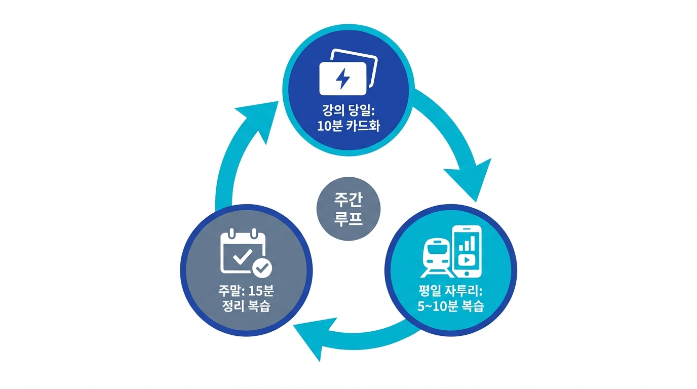 강의 당일 10분 카드 만들기, 평일 자투리 복습, 주말 15분 정리 복습으로 도는 주간 루프 도식