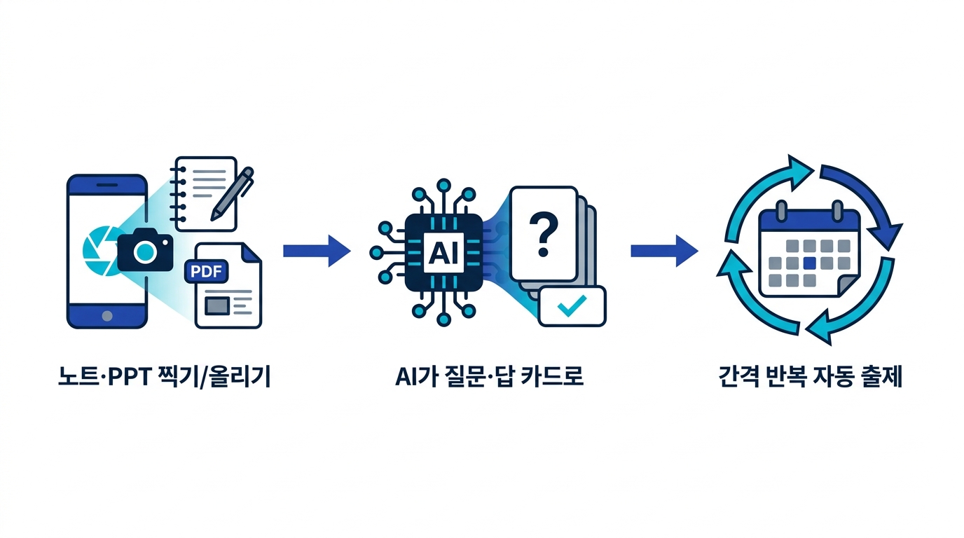 강의 노트나 PPT를 찍거나 올리면 AI가 암기카드로 변환하고 간격 반복으로 복습하는 3단계 흐름