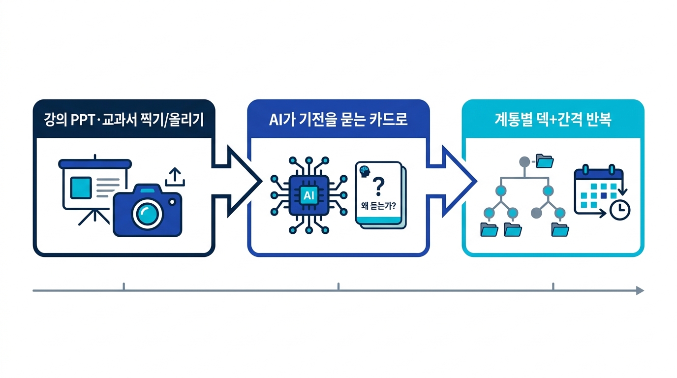 강의 PPT와 교과서를 계통별 덱으로 정리하고 기전을 묻는 카드로 생성하는 흐름의 도식