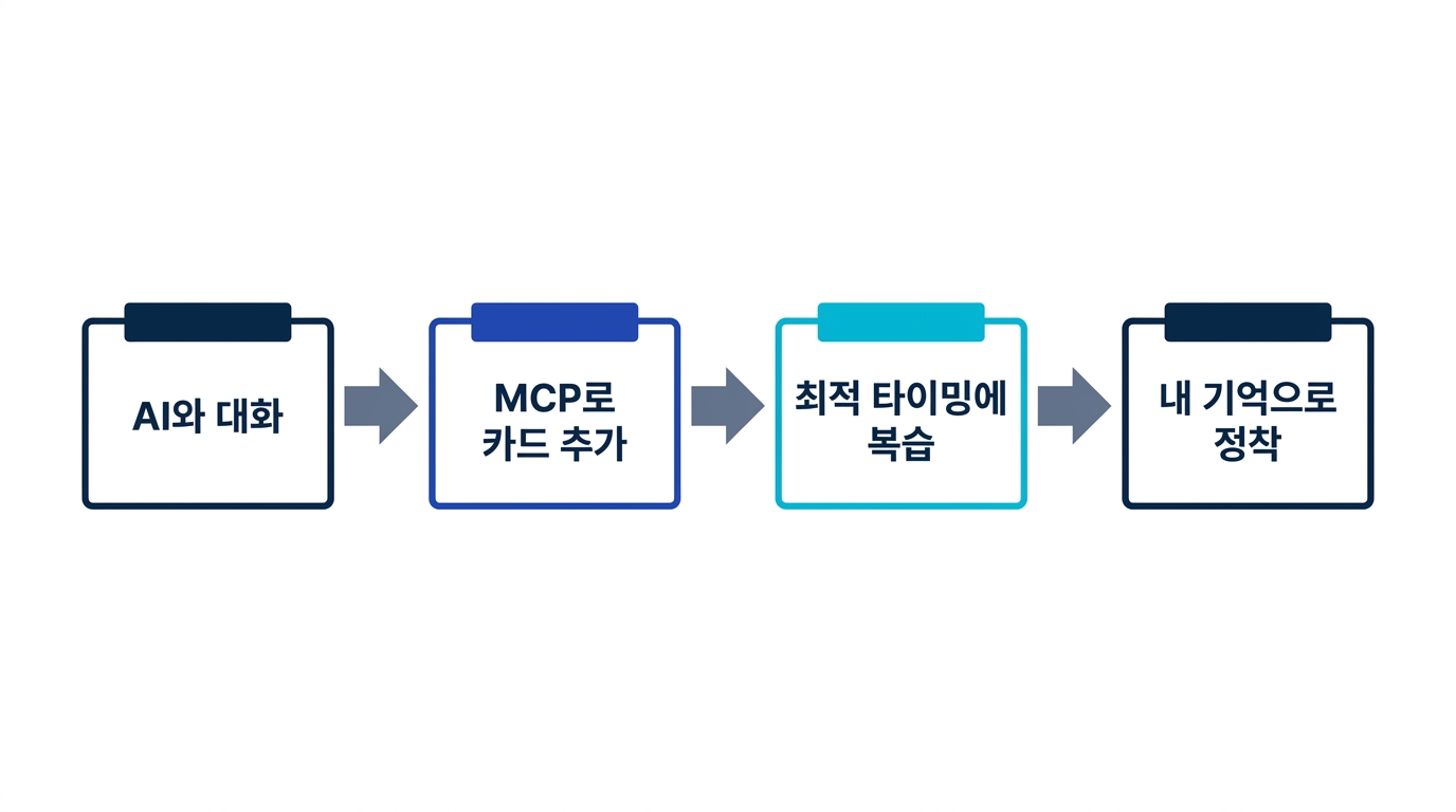 Memly 학습 흐름 - AI와 대화, MCP로 카드 추가, 최적 타이밍에 복습, 내 기억으로 정착