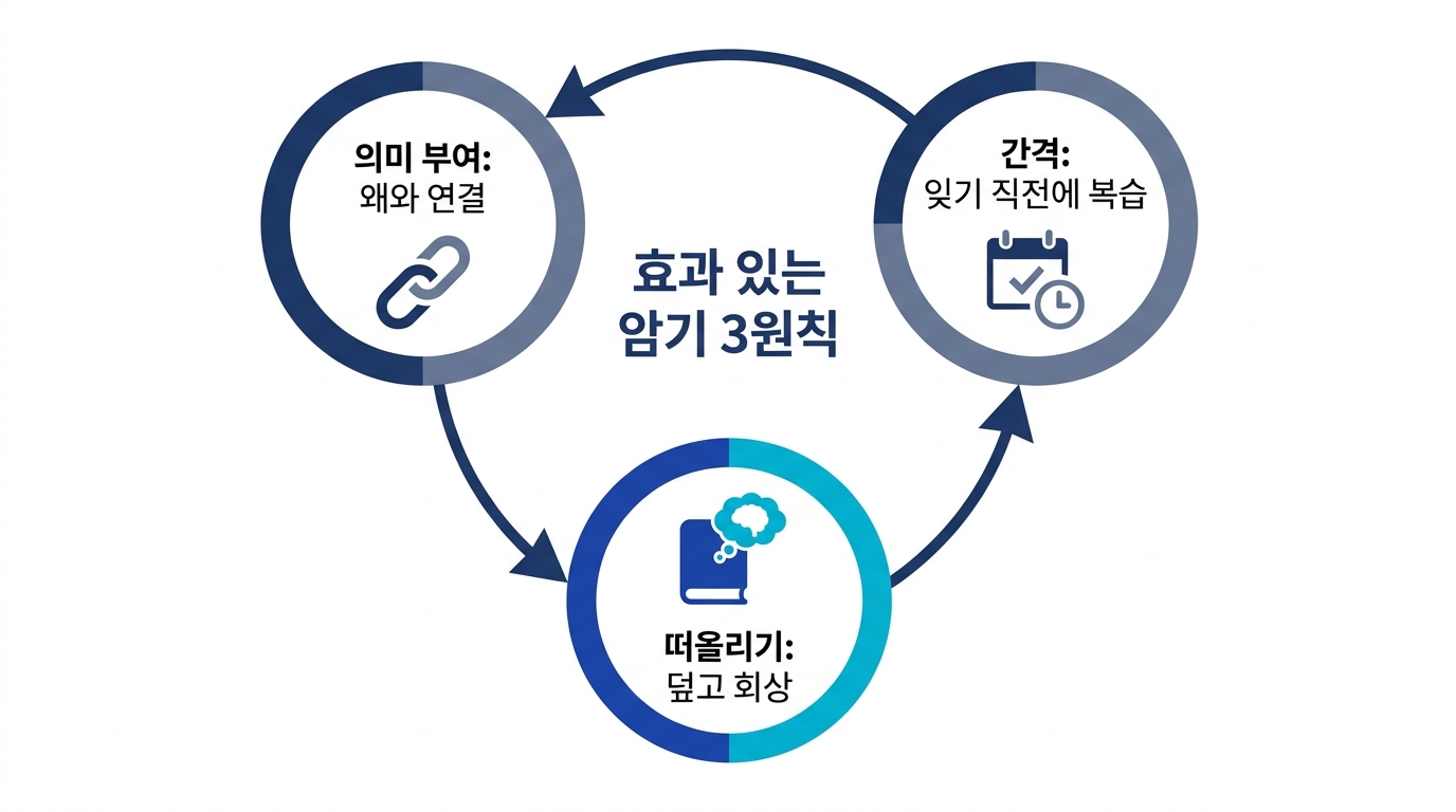 효과 있는 암기 3원칙의 순환도. 의미를 붙여 외우고, 떠올리는 연습을 하고, 간격을 두고 돌아온다