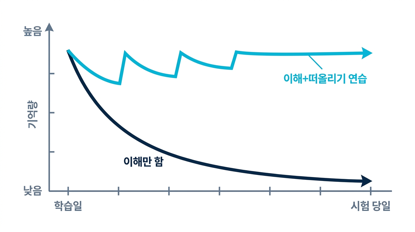 이해만 한 지식은 시간이 지나며 빠르게 사라지고, 떠올리는 연습을 결합한 지식은 시험까지 남는 것을 보여 주는 비교 차트
