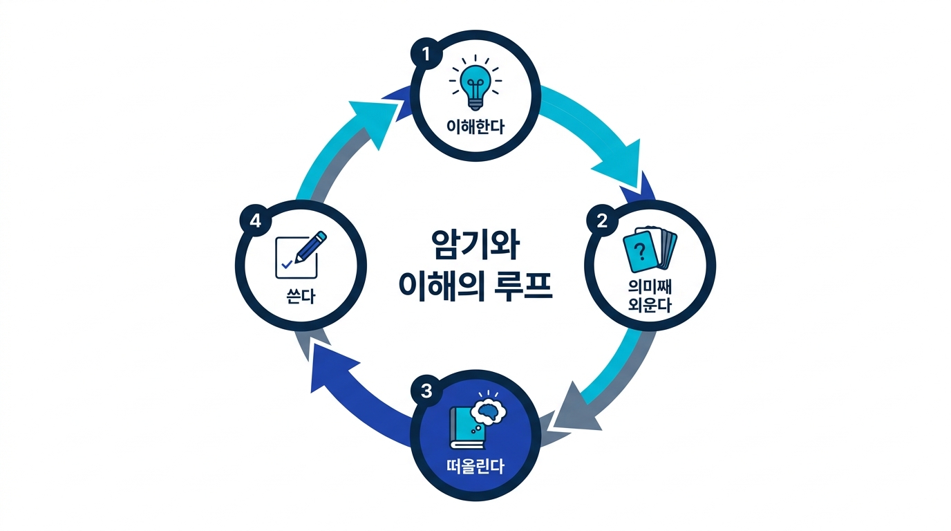 이해한다, 의미째 외운다, 떠올린다, 쓴다의 4단계가 순환하는 학습 루프 도식