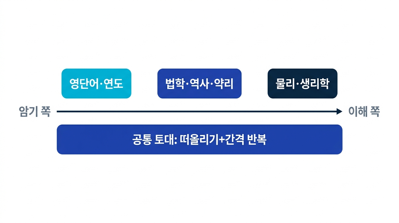 과목 유형별 암기와 이해의 비중을 보여 주는 도식. 어느 과목이든 토대에는 인출 연습과 간격 반복이 공통으로 필요하다