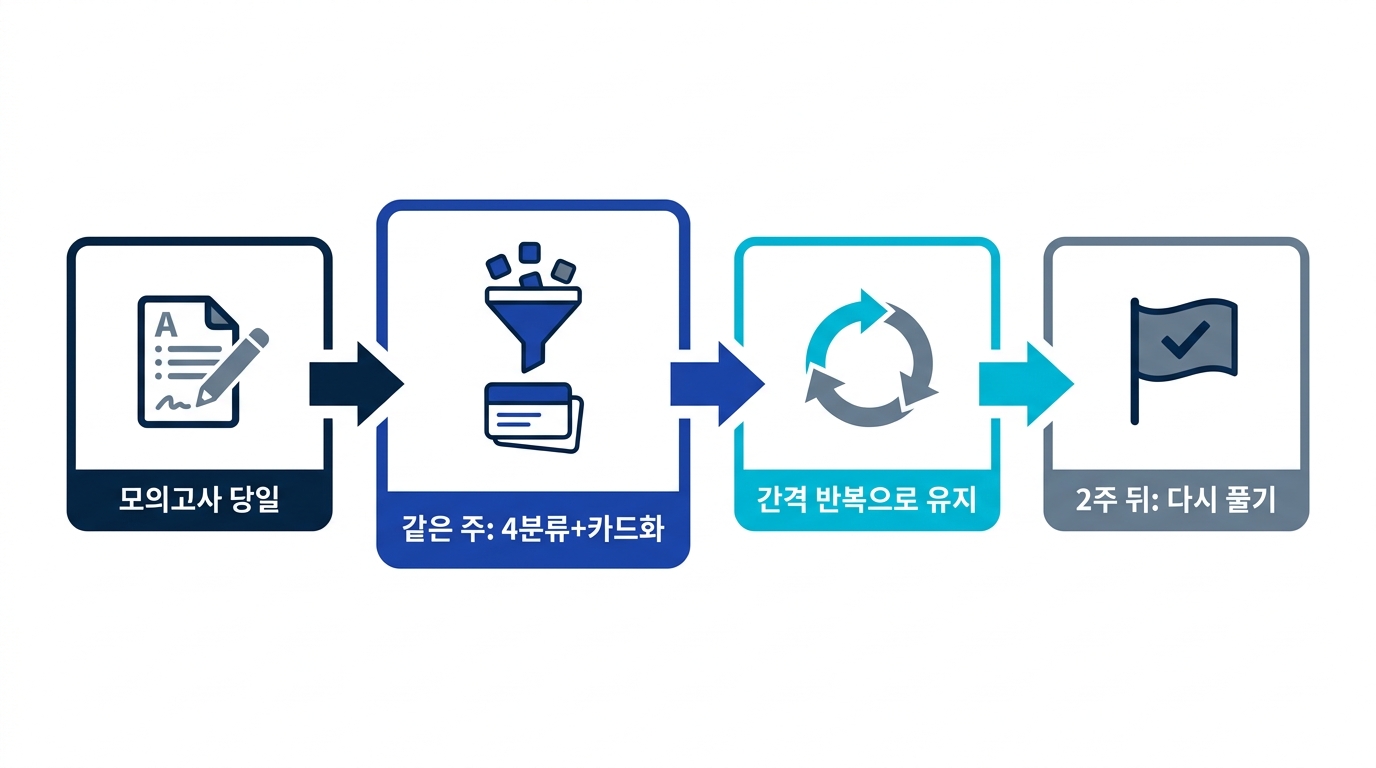 모의고사 당일부터 같은 주의 분류와 카드화, 간격 반복, 2주 뒤 다시 풀기까지의 복습 사이클 타임라인