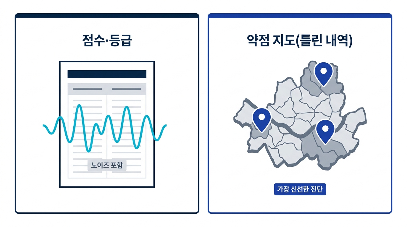 모의고사 점수는 노이즈를 포함하는 반면, 틀린 문제의 내역은 약점 지도라는 값진 진단 데이터임을 보여 주는 도식