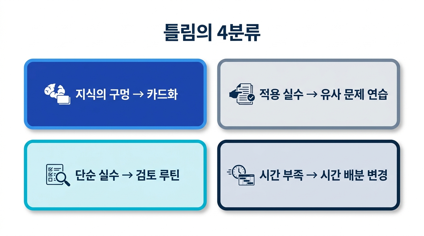 틀린 문제를 지식의 구멍, 적용 실수, 단순 실수, 시간 부족의 4종류로 나누고 각각 다른 대처를 하는 분류 도식