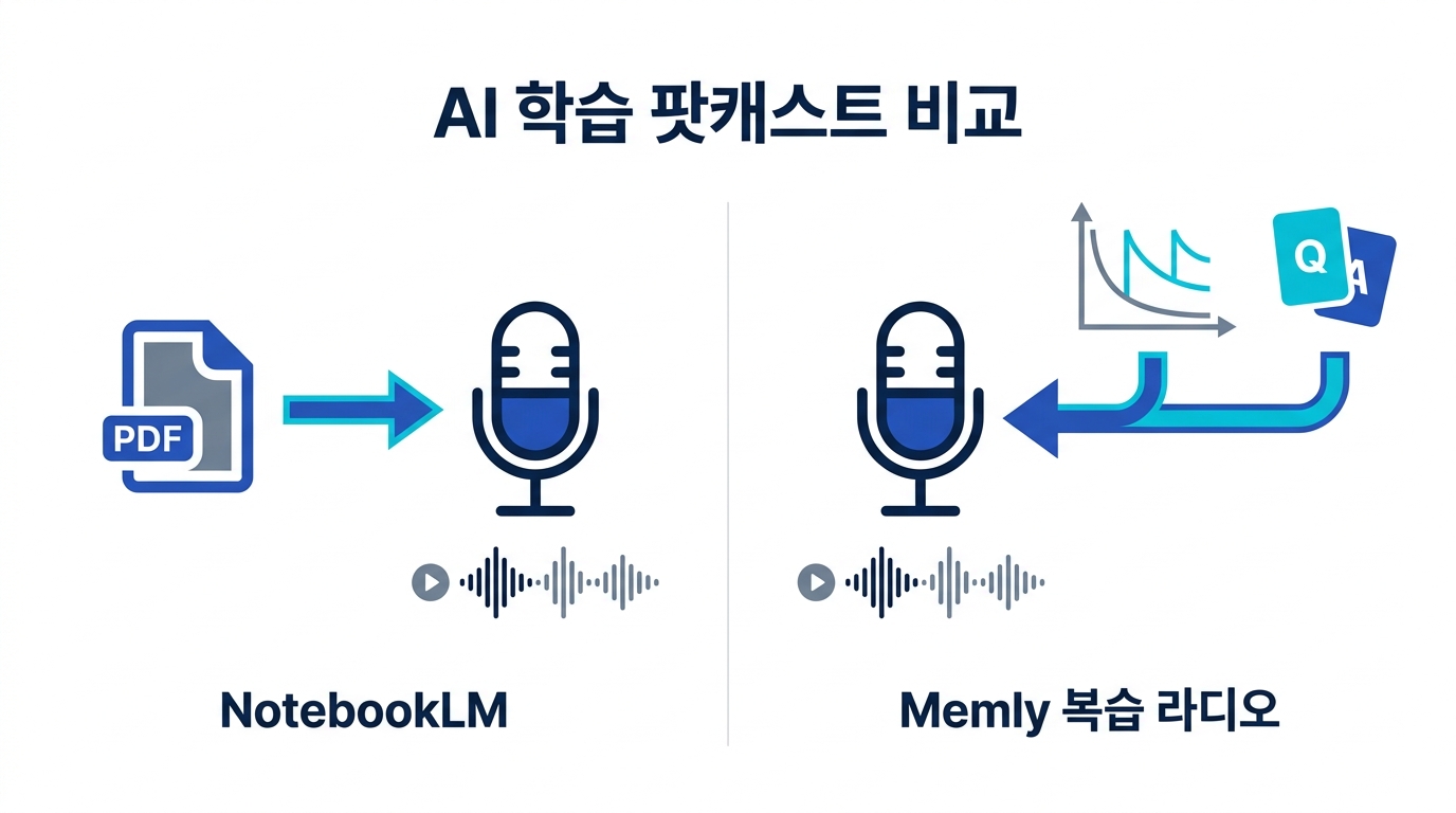 NotebookLM과 복습 라디오 비교 그림 - 자료를 방송으로 만드는 NotebookLM과, 망각 곡선에서 방송을 만드는 Memly 복습 라디오