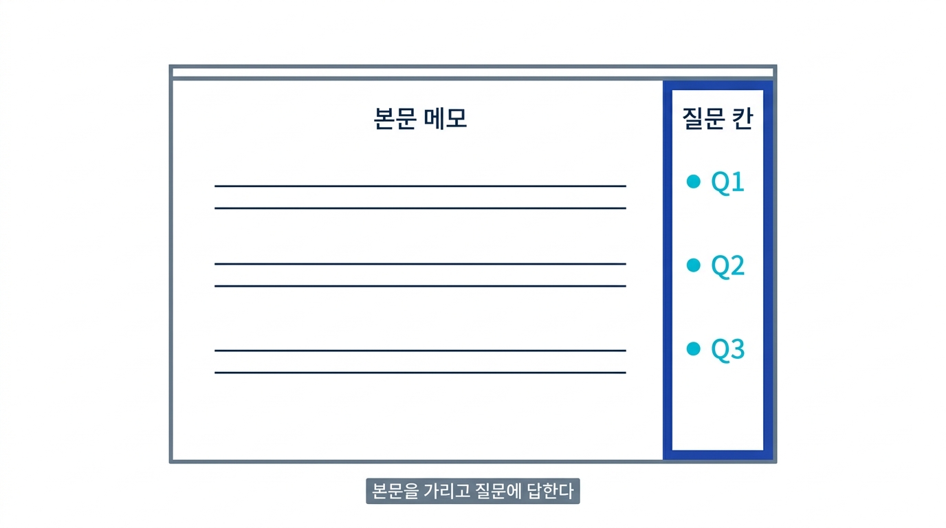 노트 오른쪽 끝에 질문 칸을 만들고, 본문을 가린 채 질문에 답하는 형식의 레이아웃 도식