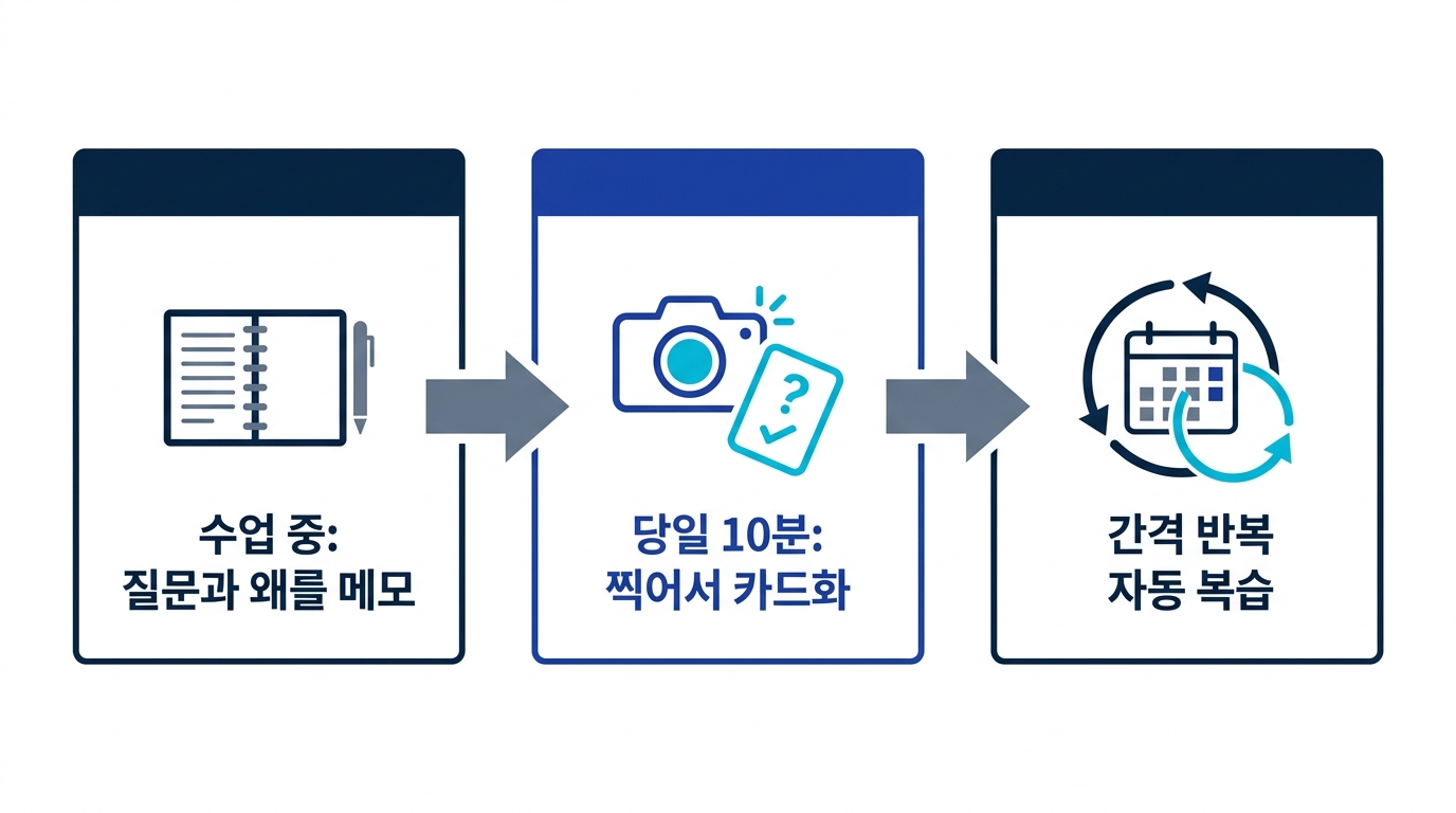 수업 중에는 질문과 왜를 메모하고, 당일 10분에 카드로 만들고, 간격 반복으로 복습하는 필기 활용 흐름도
