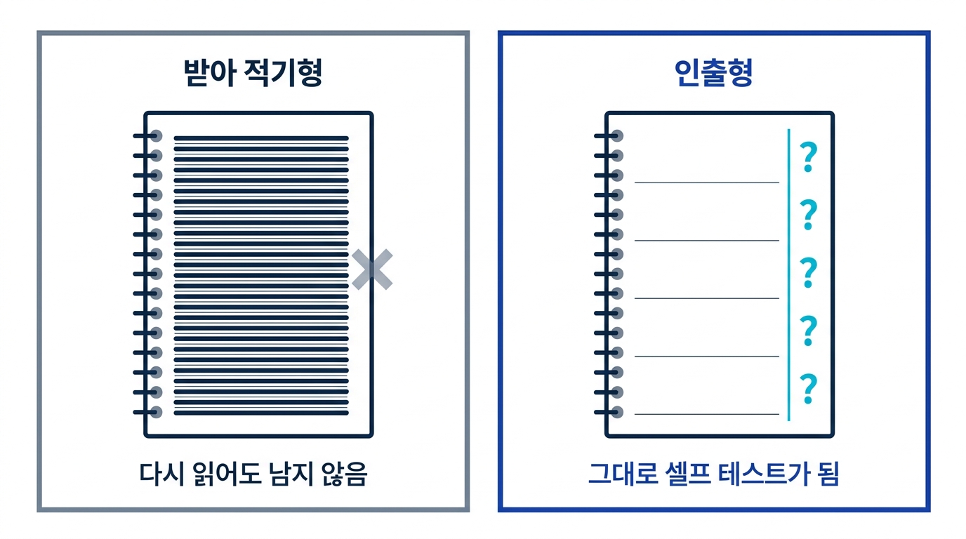 받아 적기형 필기는 죽은 기록이 되고, 질문과 왜를 잡는 인출형 필기는 나중에 시험해 볼 수 있는 발판이 됨을 대비한 도식