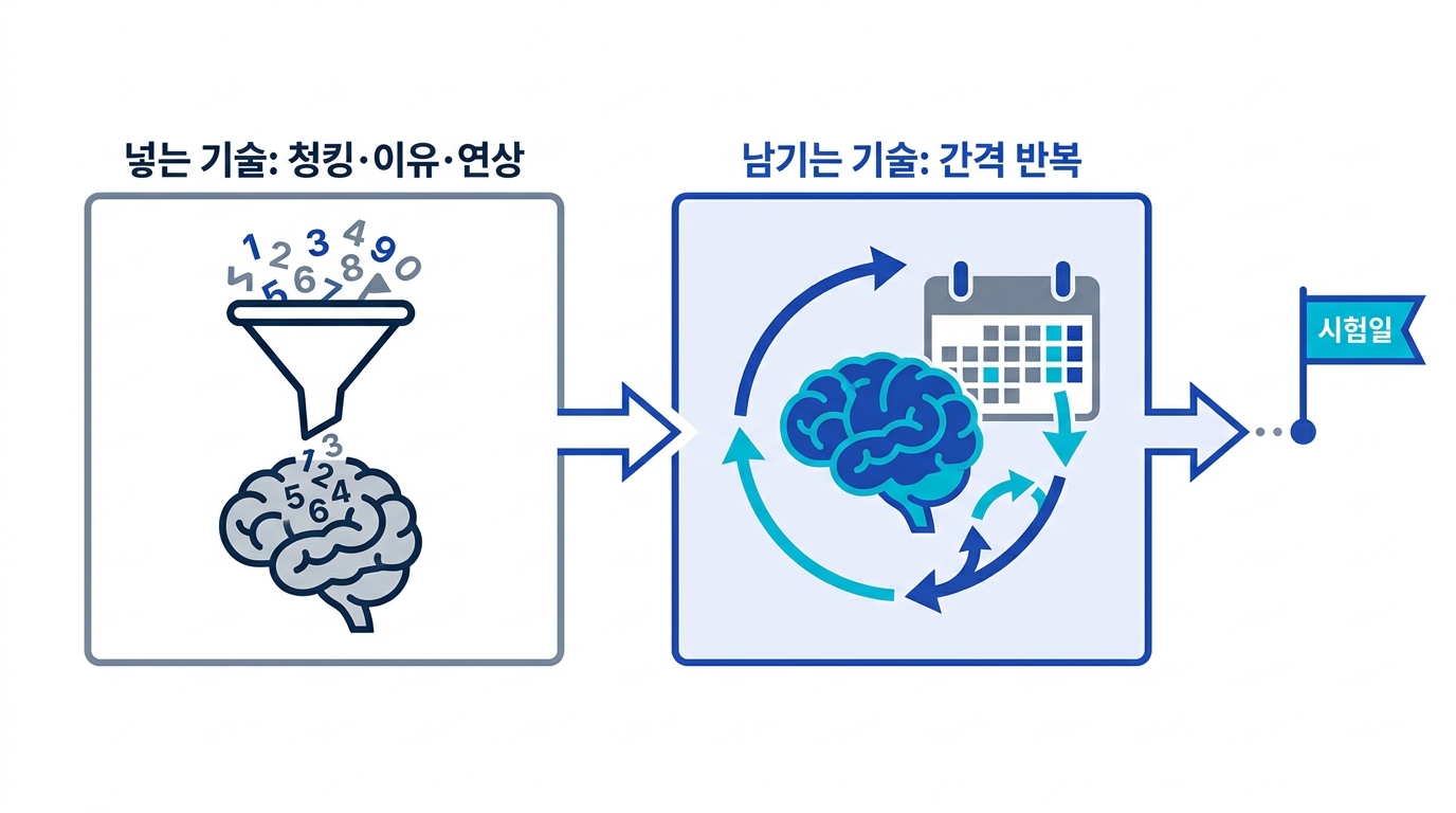 연상법과 이유 연결은 숫자를 기억에 넣는 기술이고 간격 반복만이 시험일까지 남기는 기술임을 보여 주는 2단 구조 도식