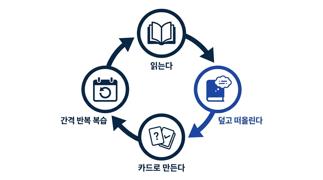 읽는다, 덮고 떠올린다, 카드로 만든다, 간격 반복으로 복습한다로 이어지는 아웃풋 연결형 학습 사이클 도식