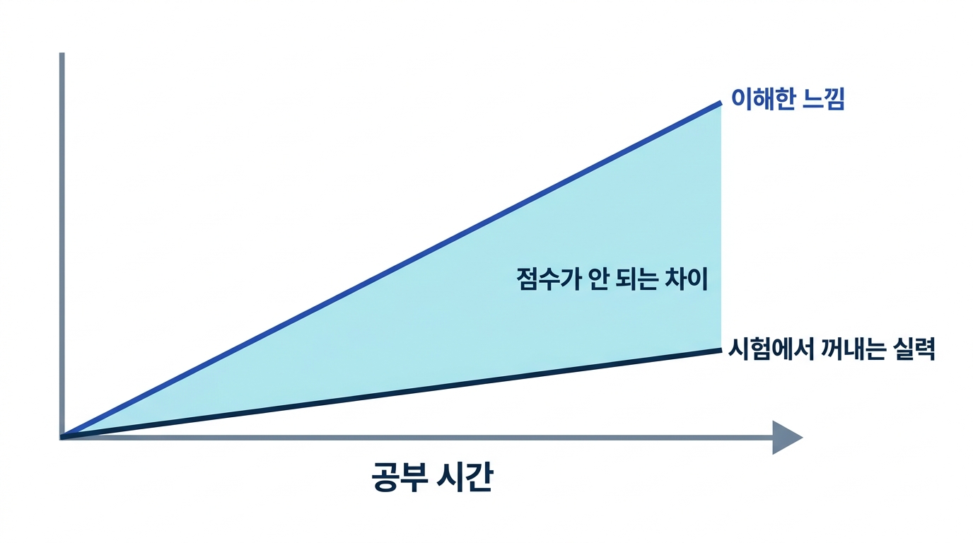 인풋 중심 공부에서는 이해한 느낌만 앞서가고 시험에서 꺼낼 수 있는 실력과의 격차가 벌어지는 것을 보여 주는 그래프