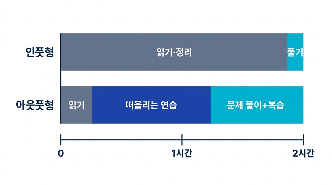 같은 2시간 사용법 비교. 인풋형은 읽는 작업이 대부분이지만 아웃풋형은 떠올리는 연습과 문제 풀이가 대부분을 차지한다