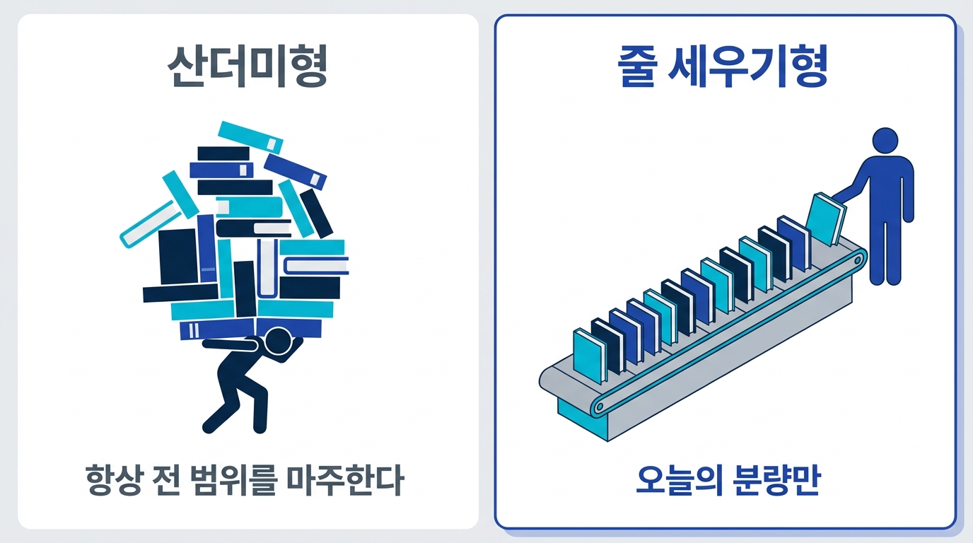 산더미 교재를 한꺼번에 안으려는 경우와, 줄로 세워 하루치씩 처리하는 경우의 대비 도식