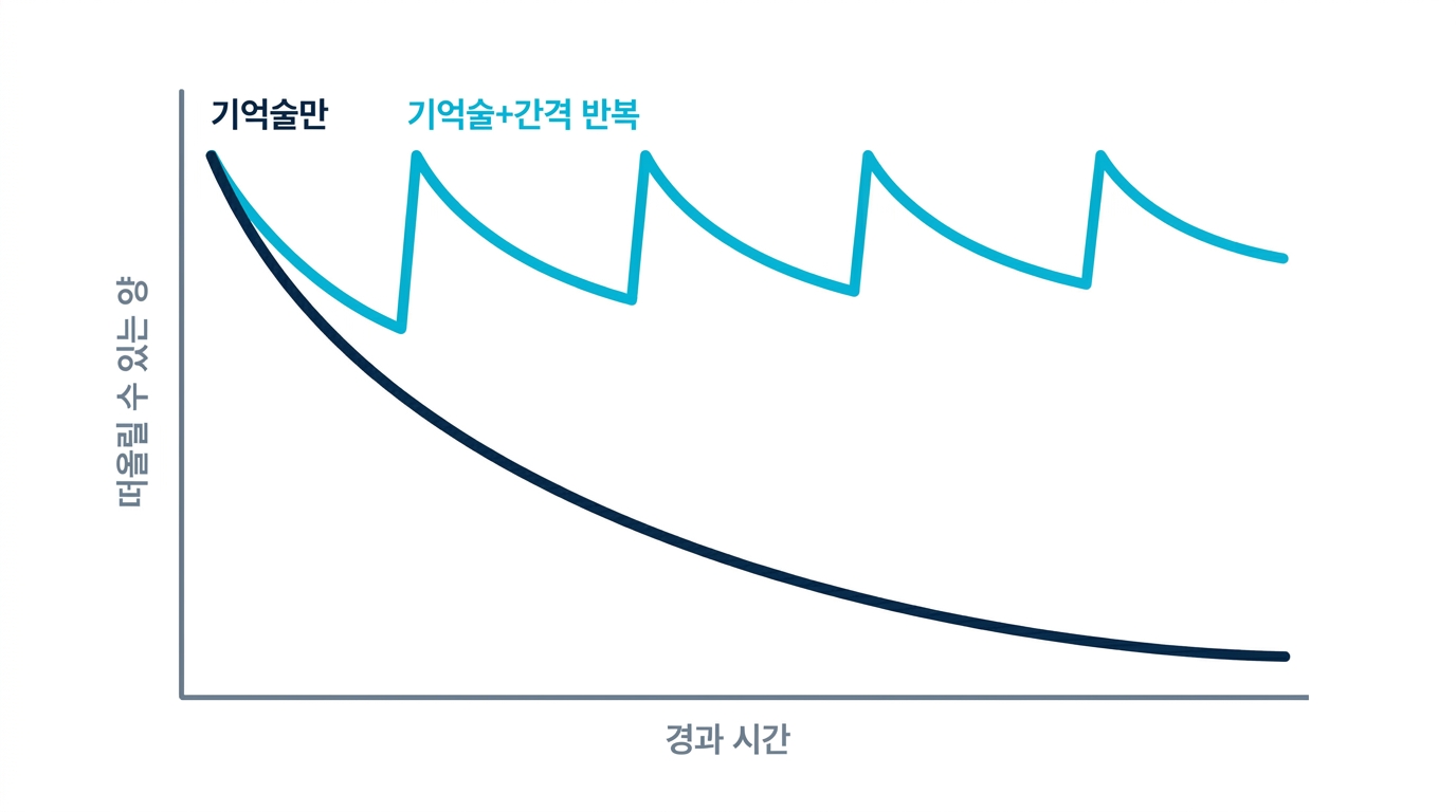기억술만으로 외우면 시간이 지나며 잊히지만 기억술에 간격 반복을 결합하면 떠올릴 수 있는 양이 유지된다는 그래프