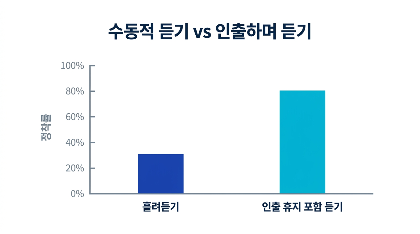 수동적으로 듣기 vs 떠올리며 듣기의 정착률 비교 막대그래프 - 흘려듣기보다 떠올리는 시간이 있는 쪽의 정착률이 높음