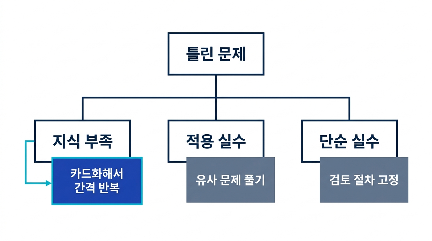 틀린 문제를 지식 부족, 적용 실수, 단순 실수의 셋으로 분류하고 각각 대처가 다름을 보여 주는 분류 도식