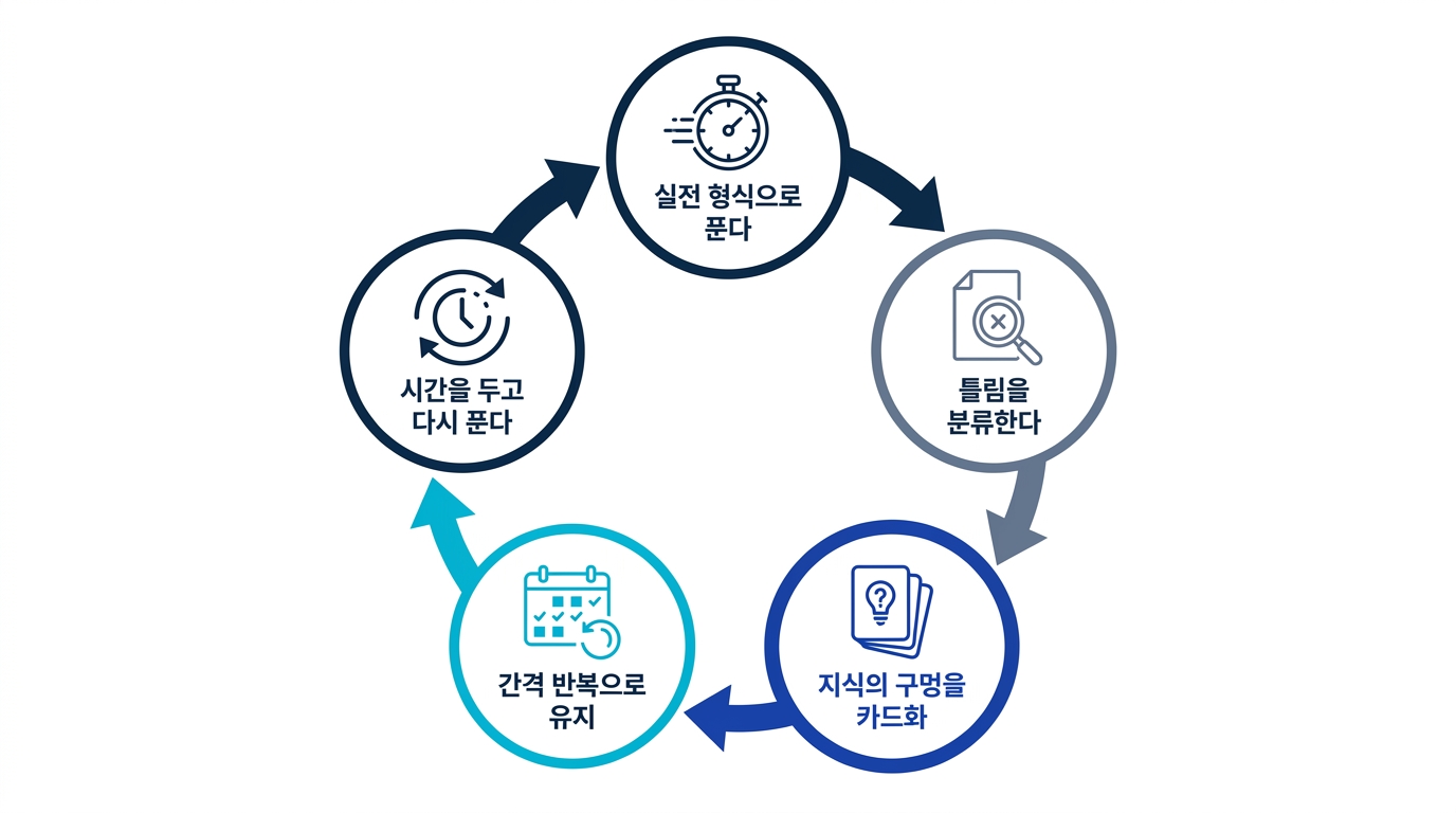 실전 형식으로 풀고, 틀린 문제를 분류하고, 지식의 구멍을 카드로 만들고, 간격 반복으로 유지하고, 시간을 두고 다시 푸는 5단계 순환 도식