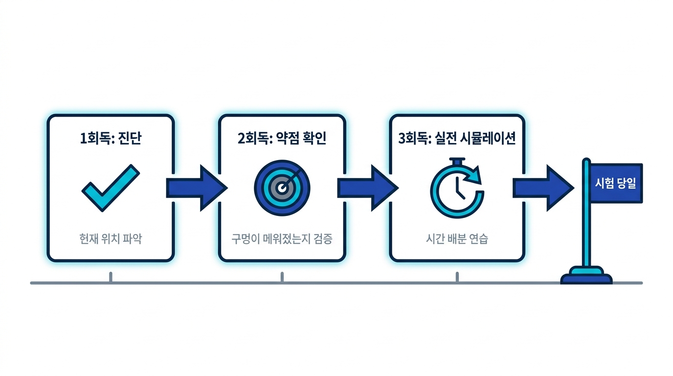 1회독은 진단, 2회독은 약점 확인, 3회독은 실전 시뮬레이션이라는 회독별 목적을 보여 주는 타임라인