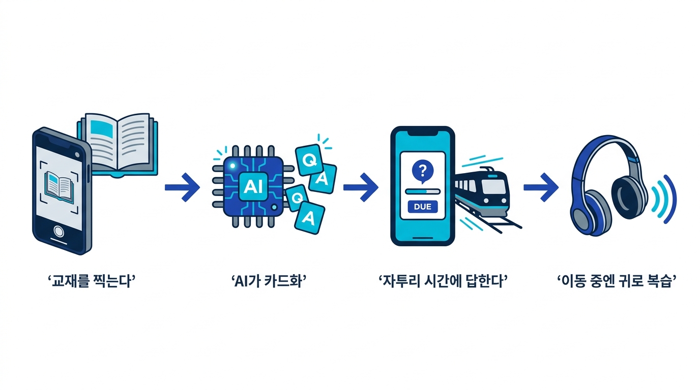 교재를 찍고, AI가 카드로 만들고, 자투리 시간에 복습하고, 이동 중에는 귀로 듣는 스마트폰 활용 흐름