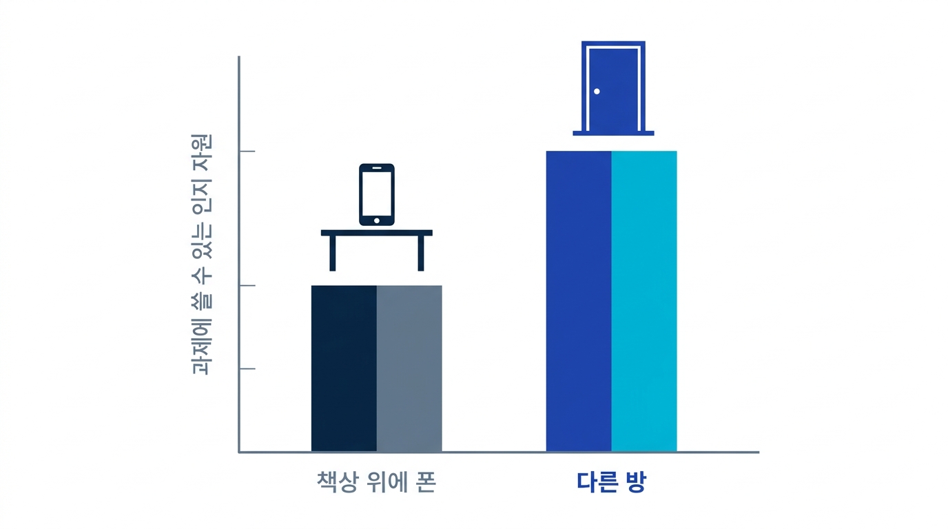 폰이 책상 위에 있을 때와 다른 방에 있을 때, 과제에 쓸 수 있는 인지 자원의 차이를 보여 주는 도식