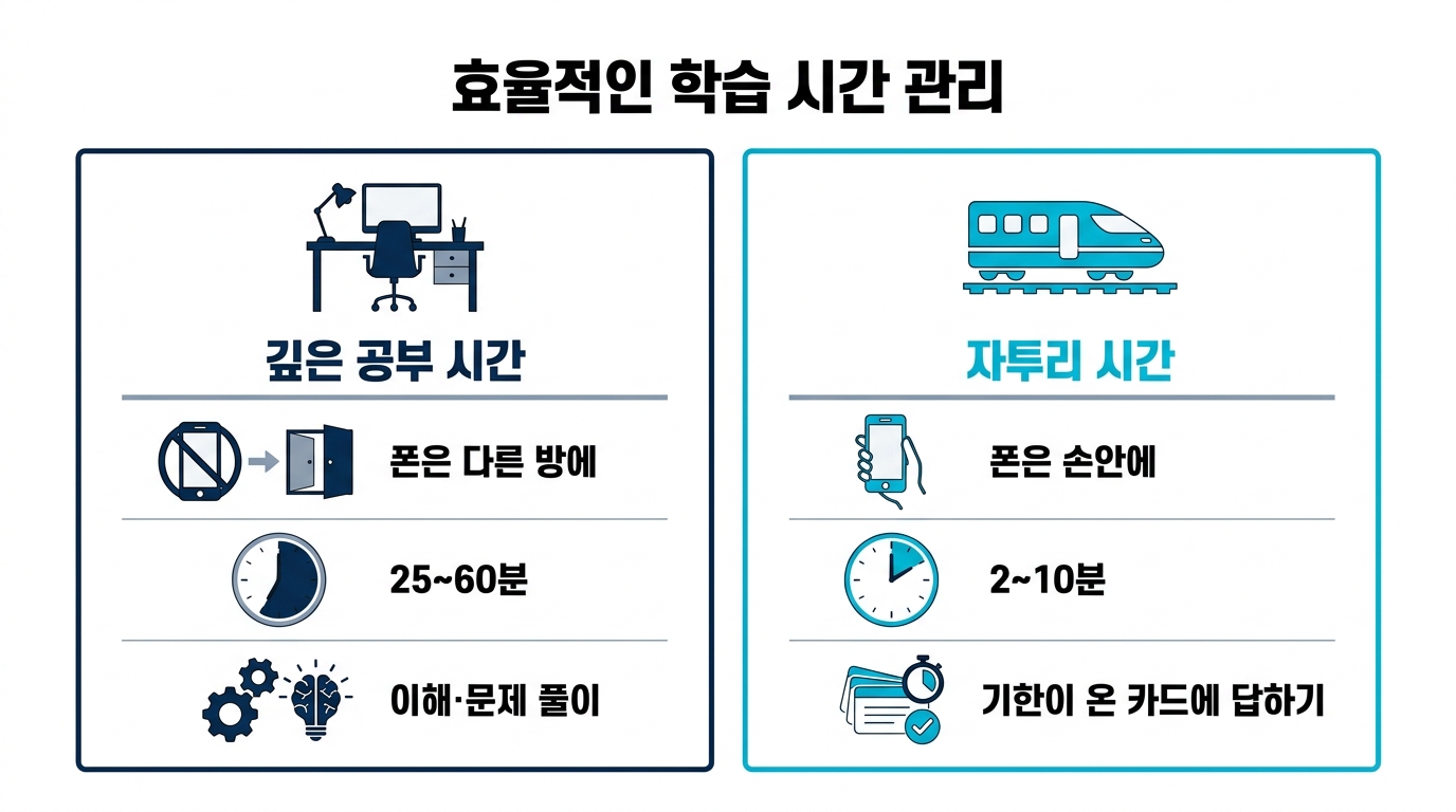 깊은 공부 시간에는 폰을 멀리하고 자투리 시간에는 폰으로 복습하는 사용 구분 규칙 도식
