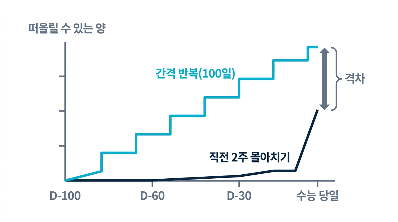 100일 간격 반복과 직전 2주 몰아치기의 비교 차트. 시험 당일 떠올릴 수 있는 양에 큰 차이가 난다