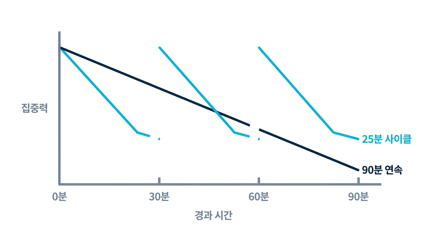 90분 연속 공부에서는 집중력이 계속 떨어지지만, 25분 사이클과 휴식에서는 집중이 리셋되는 것을 보여 주는 차트