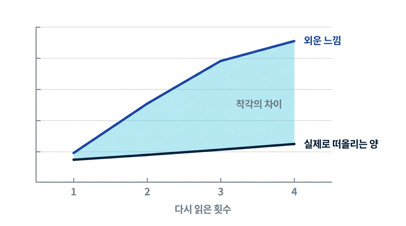 다시 읽는 횟수가 늘수록 외운 느낌은 올라가지만 실제로 떠올릴 수 있는 양과의 격차가 벌어지는 유창성 착각 그래프