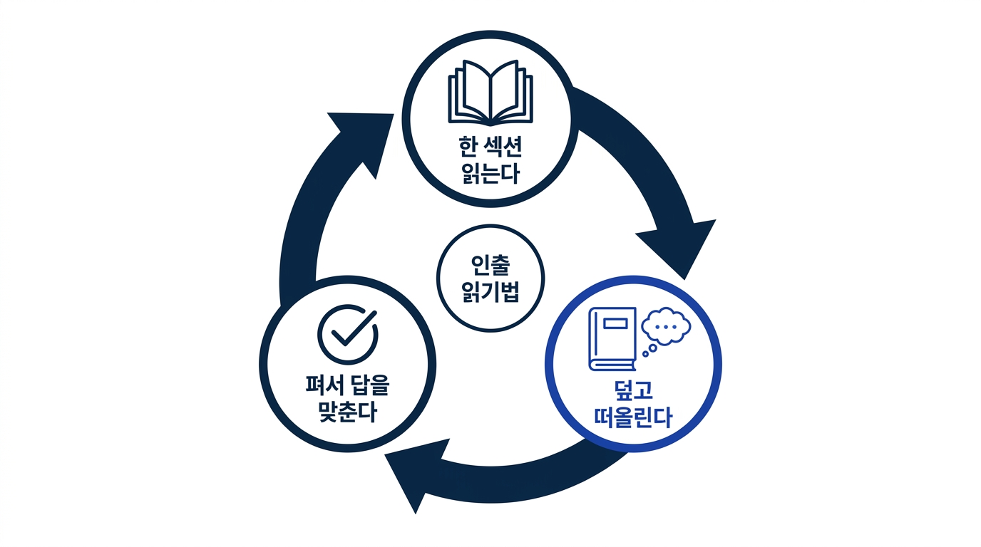 읽는다, 덮고 떠올린다, 답을 맞춘다로 도는 인출 읽기 사이클 도식