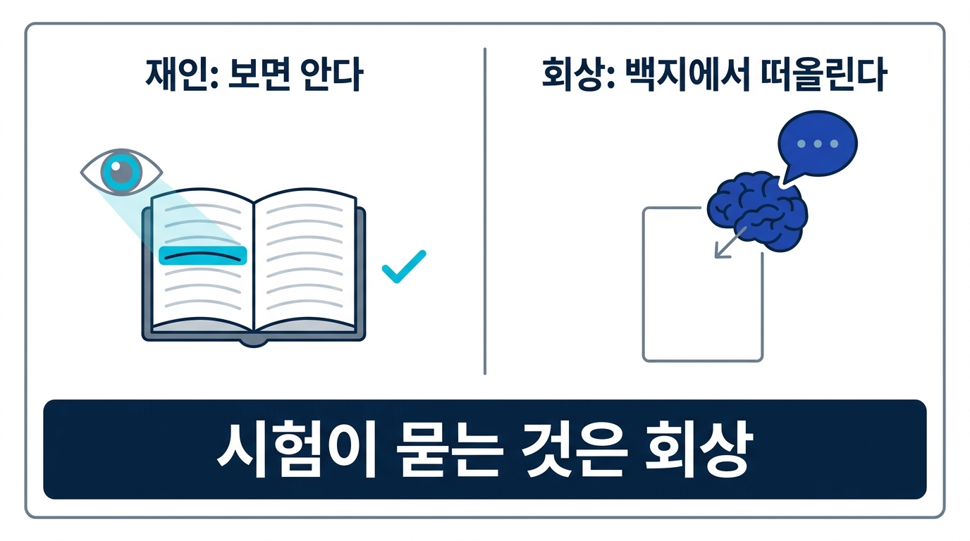 재인(보면 안다)과 회상(백지에서 떠올린다)의 차이. 시험과 실전에서 필요한 것은 회상임을 보여 주는 도식