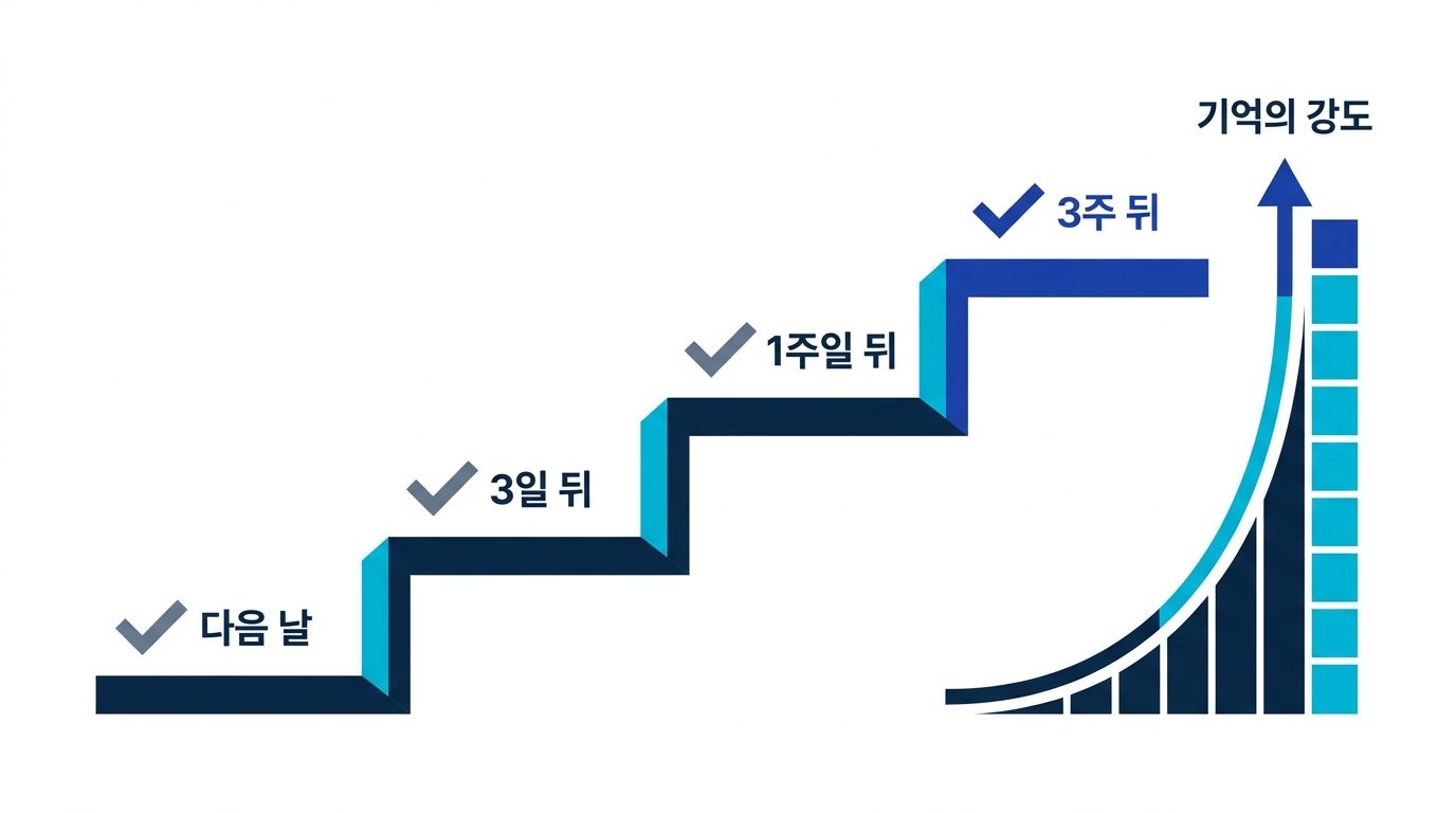 다음 날, 3일 뒤, 1주일 뒤, 3주 뒤로 간격을 넓히며 떠올리기에 성공할 때마다 기억이 강해지는 확장 간격 도식