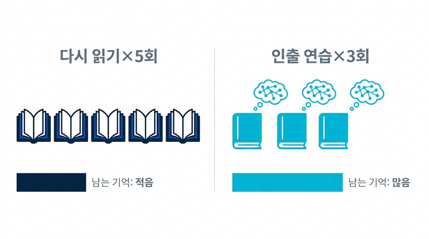 다시 읽기 5회와 인출 연습 3회의 비교. 횟수가 적어도 스스로 떠올린 횟수가 많은 쪽이 기억에 남음을 보여 주는 도식