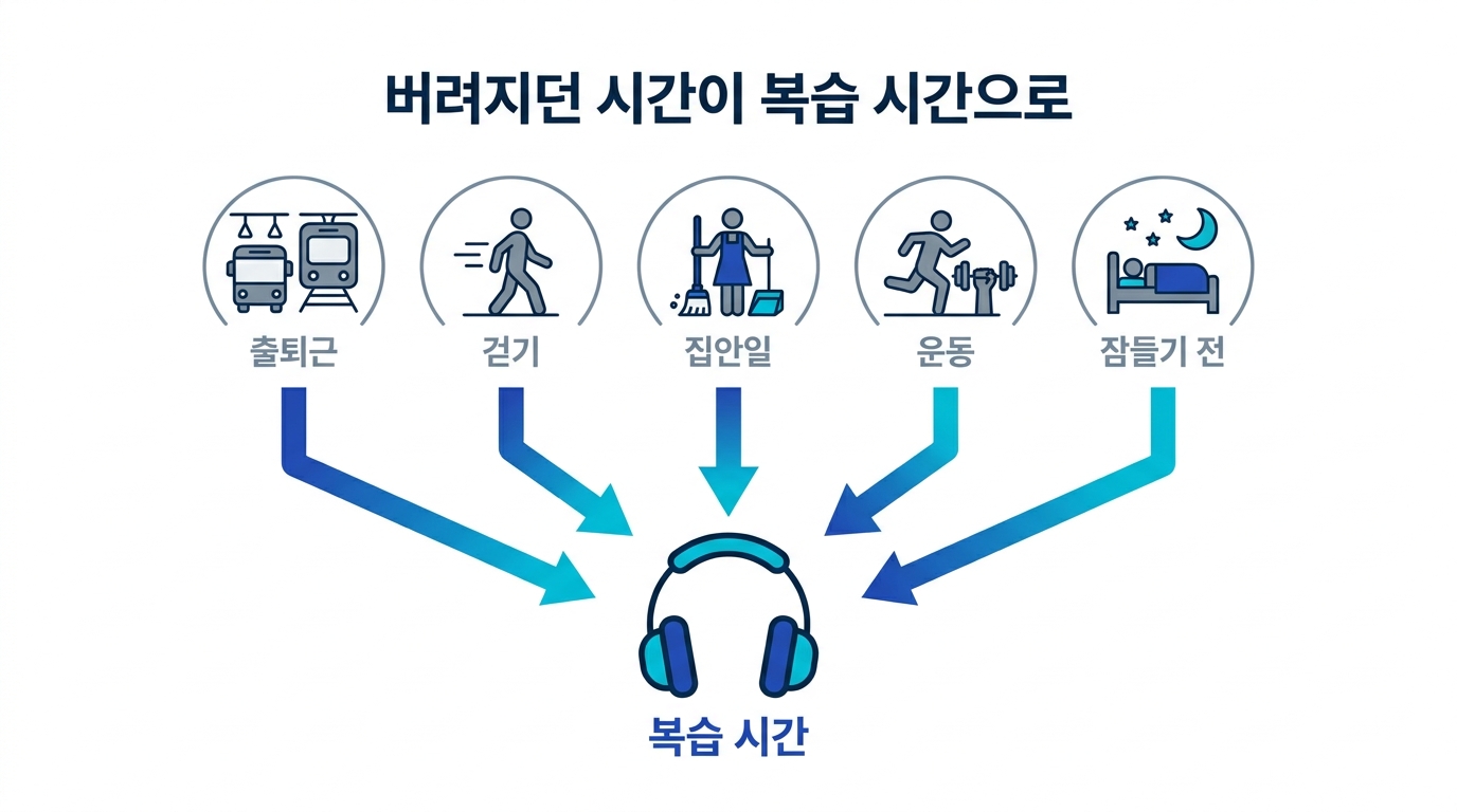 버려지던 시간이 복습 시간으로 바뀌는 그림 - 출퇴근·도보·집안일·운동·잠들기 전 시간이 이어폰으로 복습 시간이 되는 모습