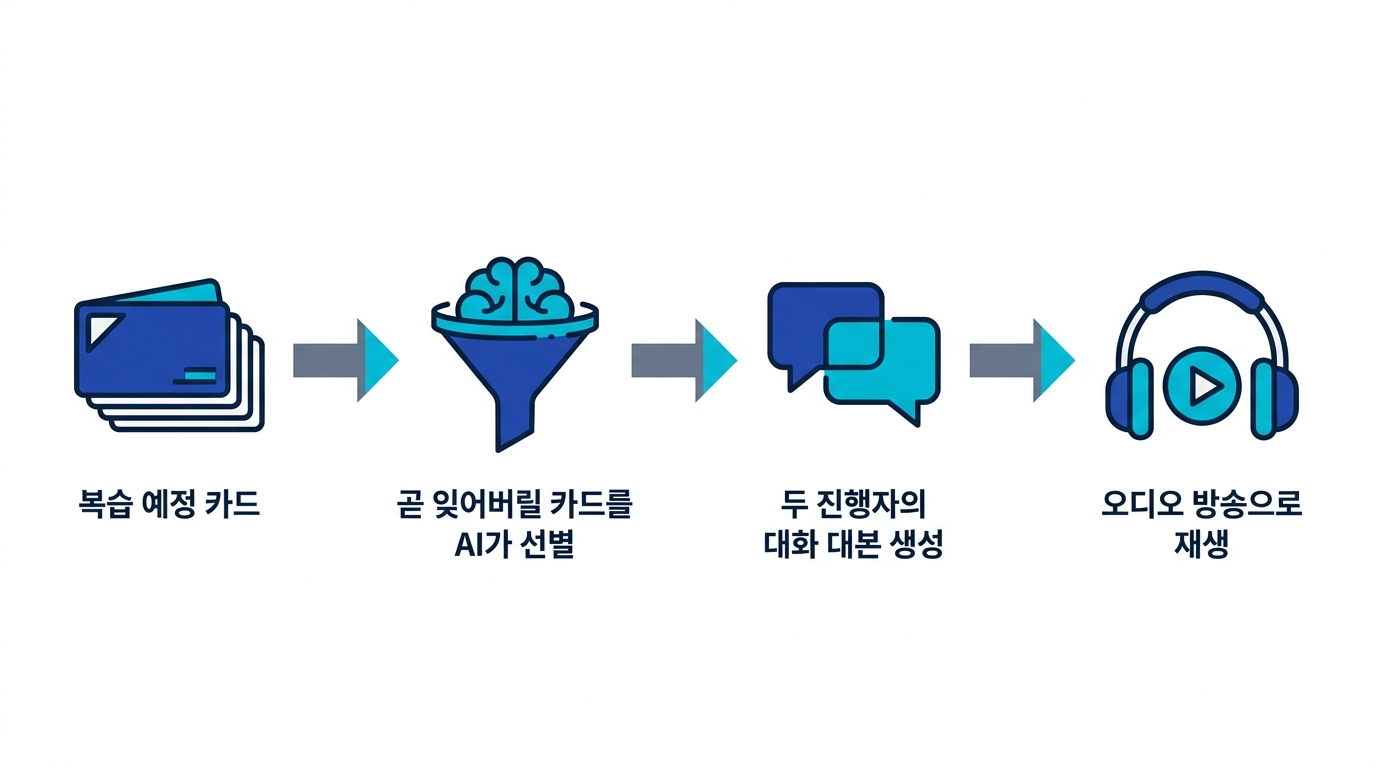 복습 라디오 작동 방식 4단계 - 복습 시점이 된 카드 → AI가 선별 → 두 진행자 대화 대본 생성 → 오디오 방송으로 재생