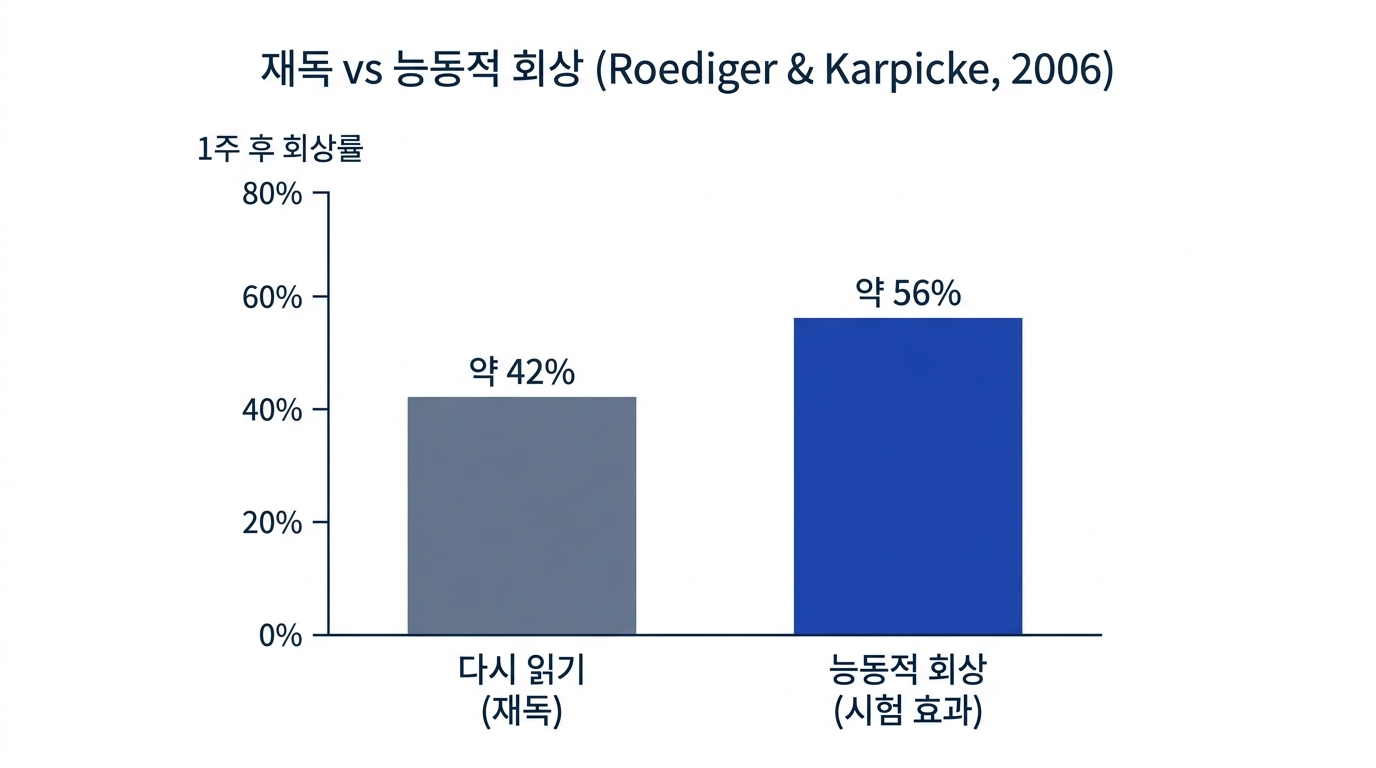 재독과 능동적 회상의 1주 후 회상률 비교 - 다시 읽기 약 42%, 능동적 회상 약 56% (Roediger & Karpicke 2006)
