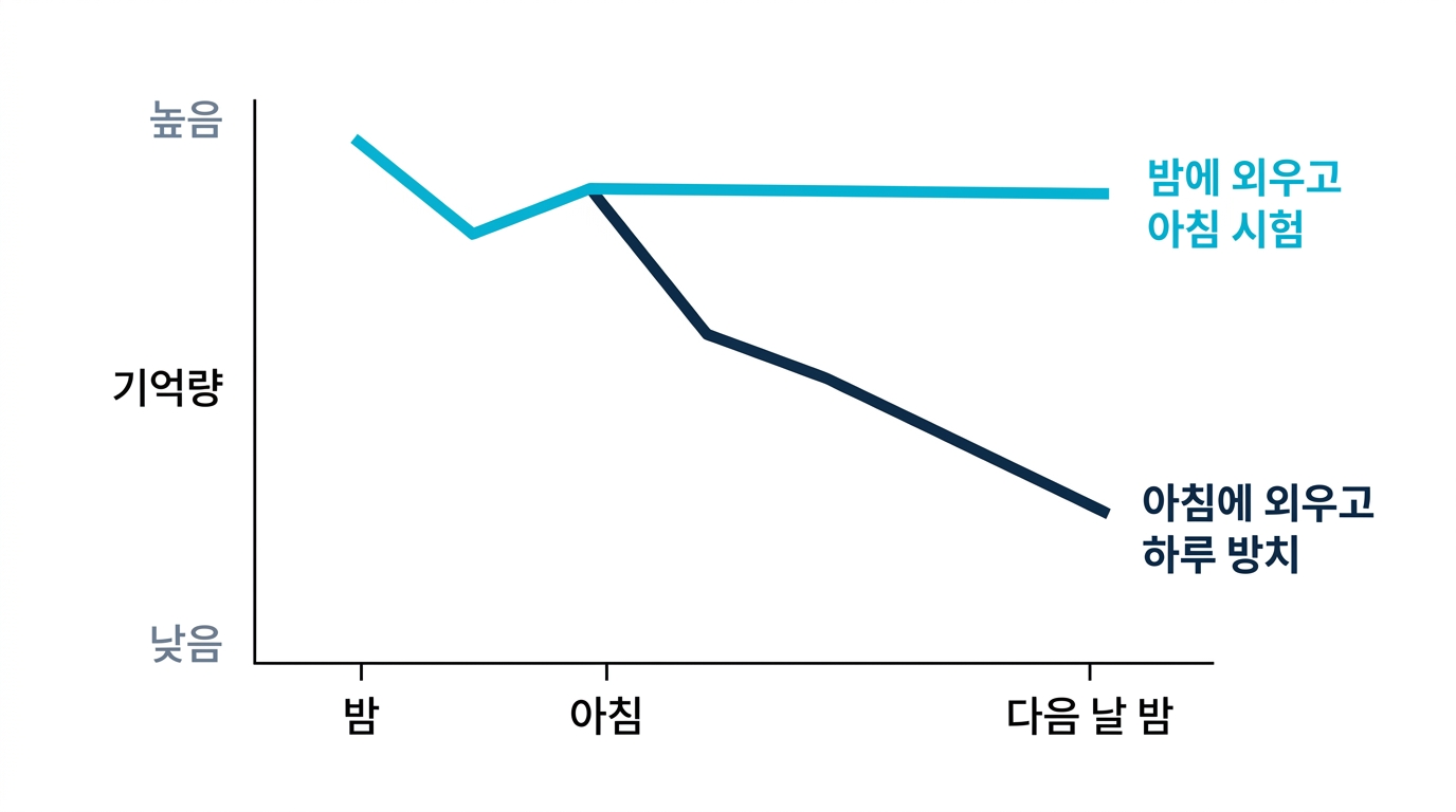 밤에 외우고 아침에 인출 시험하는 짝과, 아침에 외우고 하루 종일 방치하는 패턴의 기억 유지 차이를 보여 주는 개념도